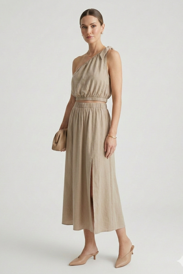 Women’s Top and Midi Skirt with One Shoulder and Elastic Waist