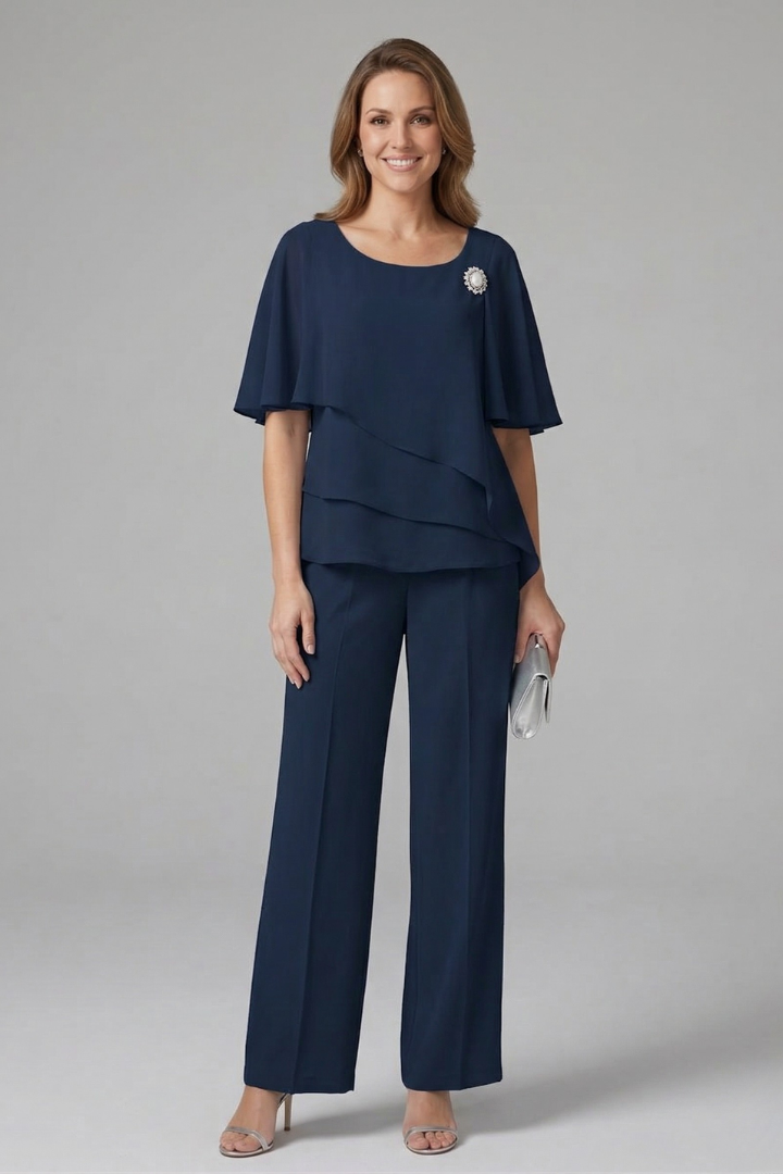 Women’s Top and Trousers Set with Layered Top and Straight Legs