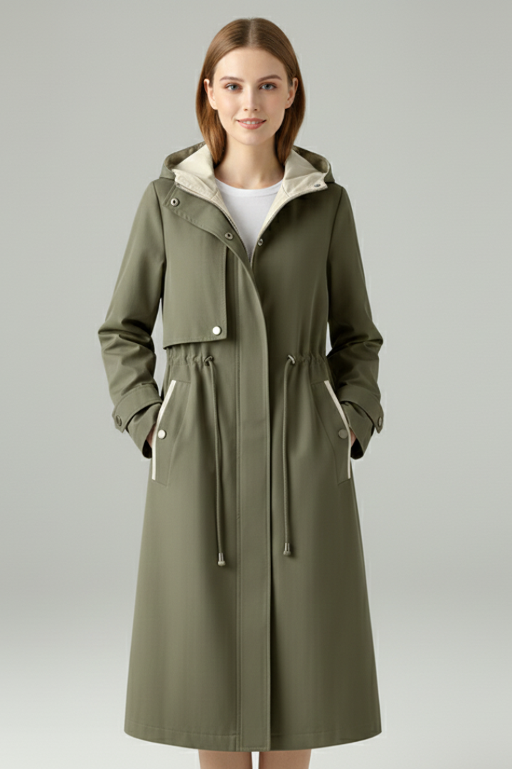 Women’s Trench Coat with Hood and Zip Closure