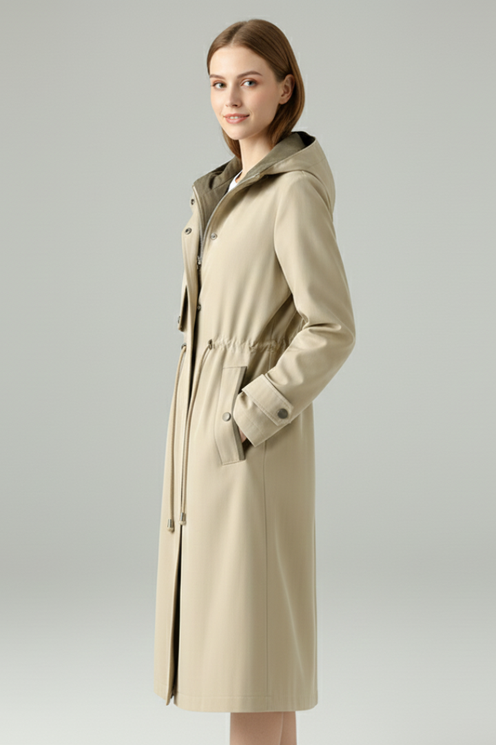 Women’s Trench Coat with Hood and Zip Closure