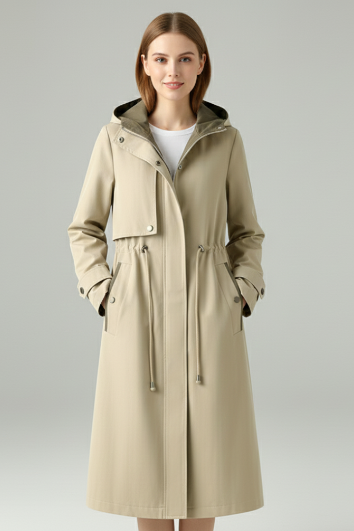 Women’s Trench Coat with Hood and Zip Closure