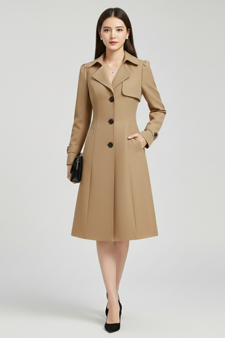 Women’s Trench Coat with Notched Lapel and Button Closure