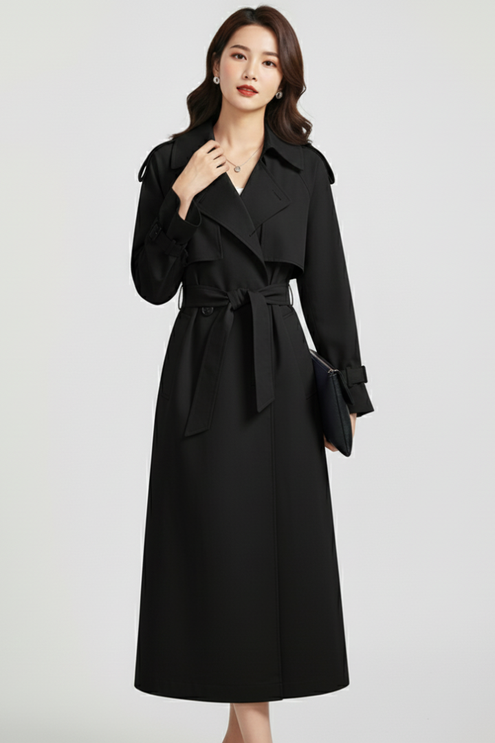 Women’s Trench Coat with Wide Collar and Double Button Closure
