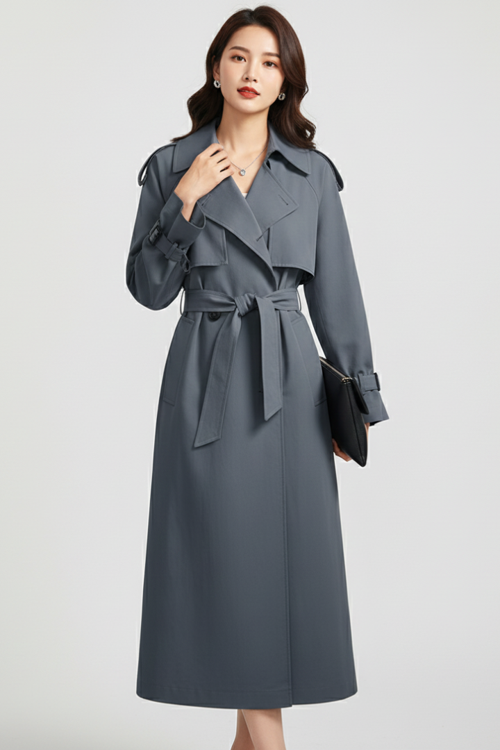 Women’s Trench Coat with Wide Collar and Double Button Closure