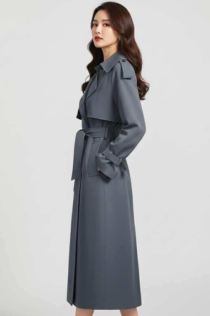 Women’s Trench Coat with Wide Collar and Double Button Closure