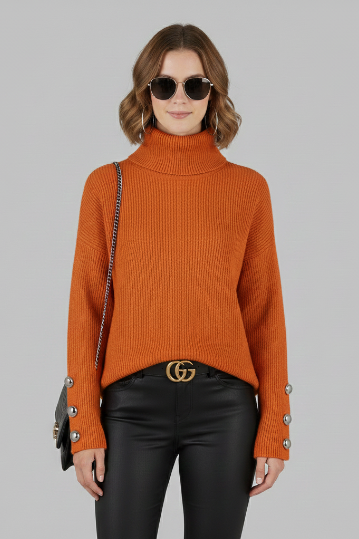 Women's Turtleneck Jumper with Buttoned Sleeves and Long Sleeves