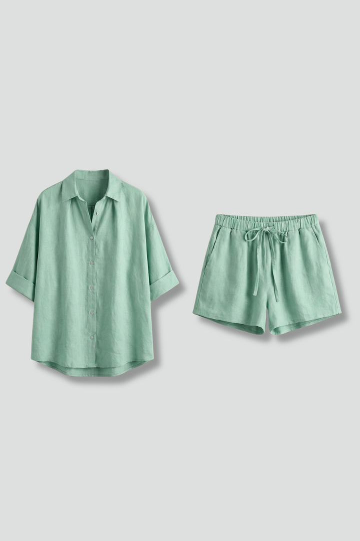 Women’s Two-Piece Set with Button Fastening and Drawstring Shorts