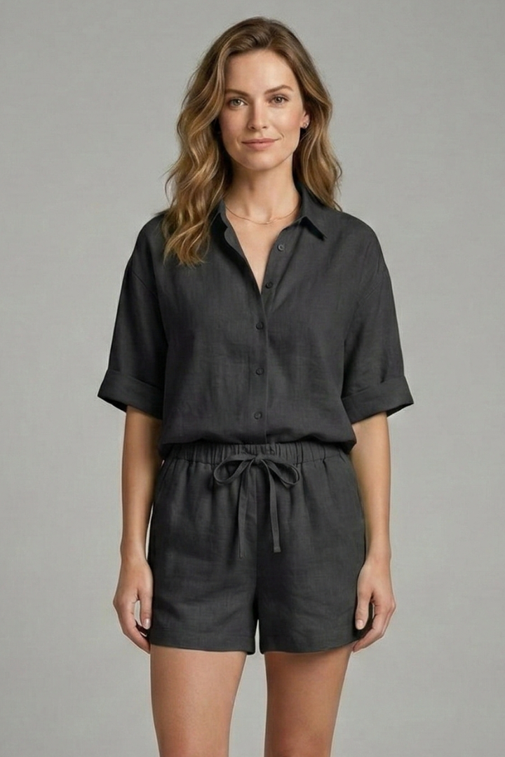 Women’s Two-Piece Set with Button Fastening and Drawstring Shorts
