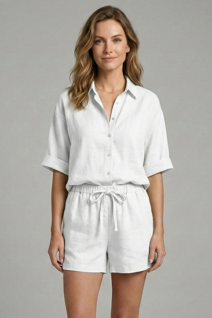 Women’s Two-Piece Set with Button Fastening and Drawstring Shorts