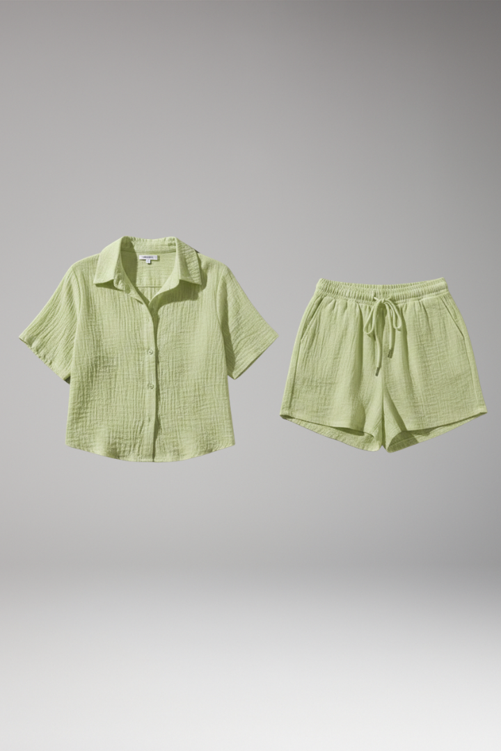 Women’s Two-Piece Set with Button Shirt and Drawstring Shorts