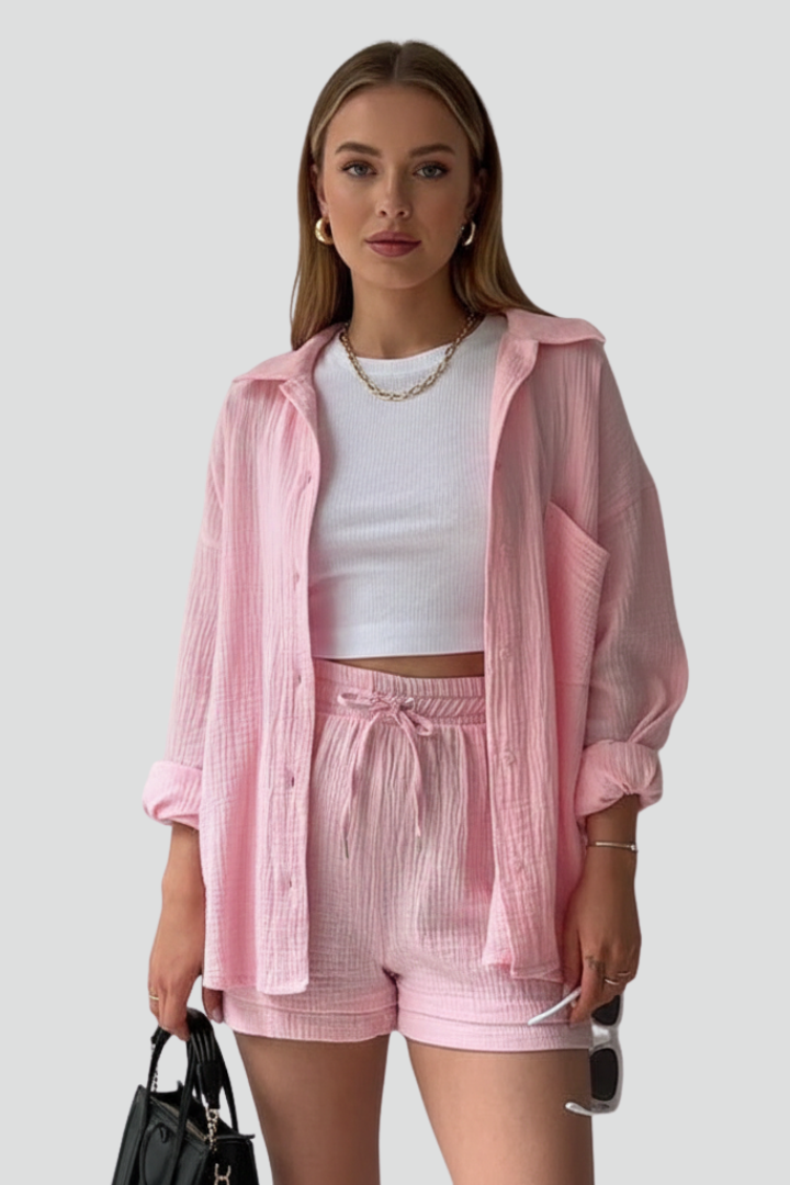Women’s Two-Piece Set with Button Shirt and Drawstring Shorts