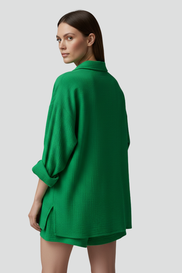 Women’s Two-Piece Set with Button Shirt and Drawstring Shorts