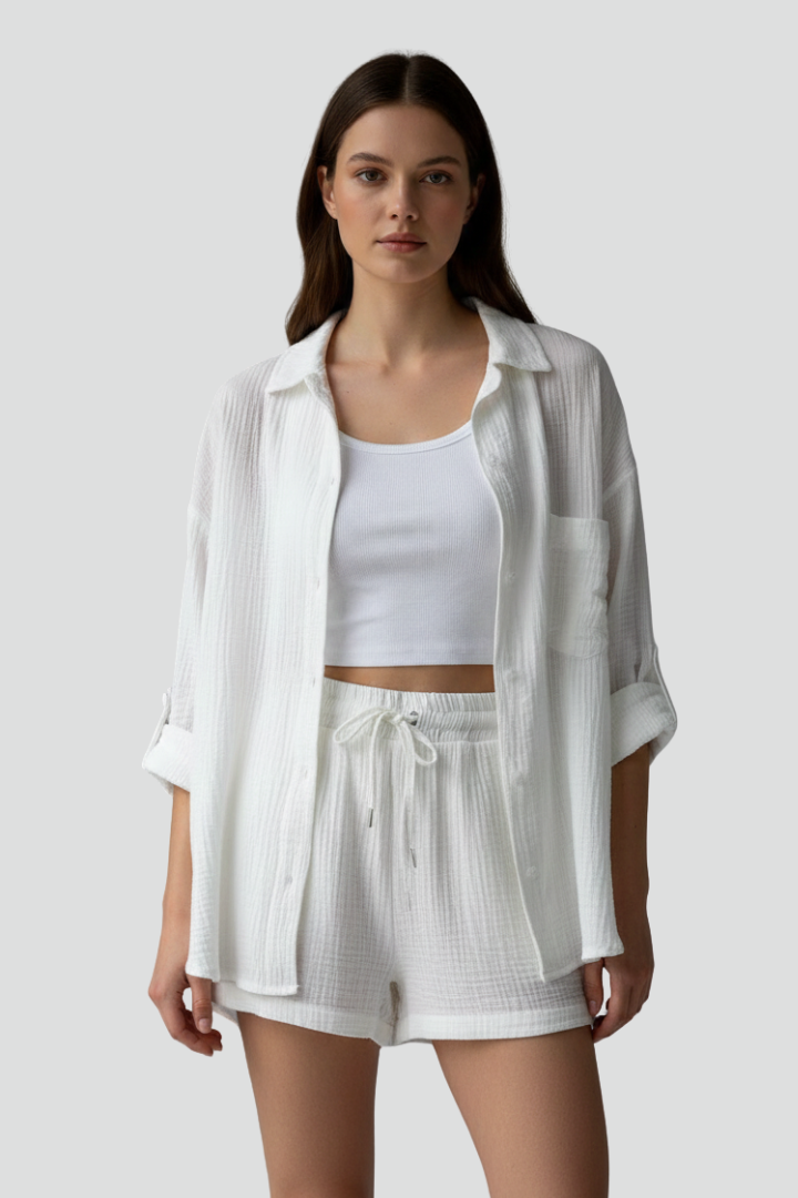 Women’s Two-Piece Set with Button Shirt and Drawstring Shorts
