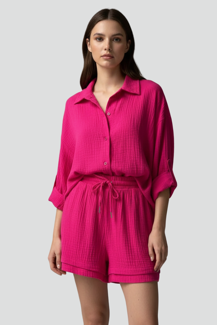 Women’s Two-Piece Set with Button Shirt and Drawstring Shorts