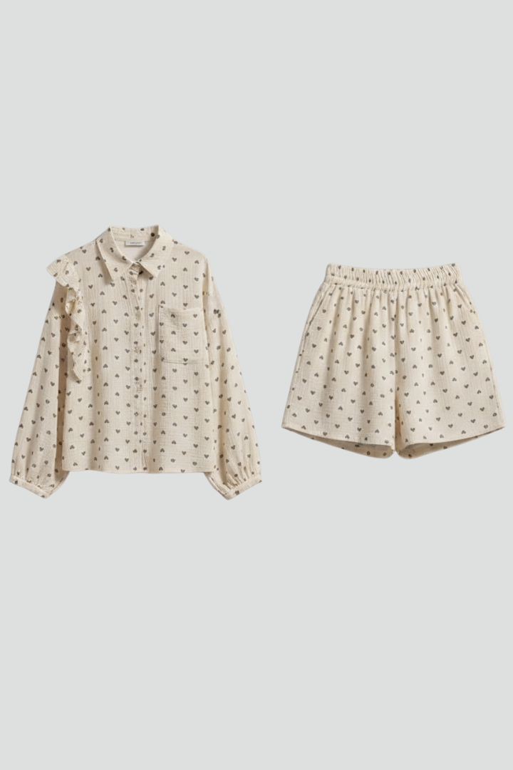 Women’s Two-Piece Set with Button Shirt and Ruffled Shorts
