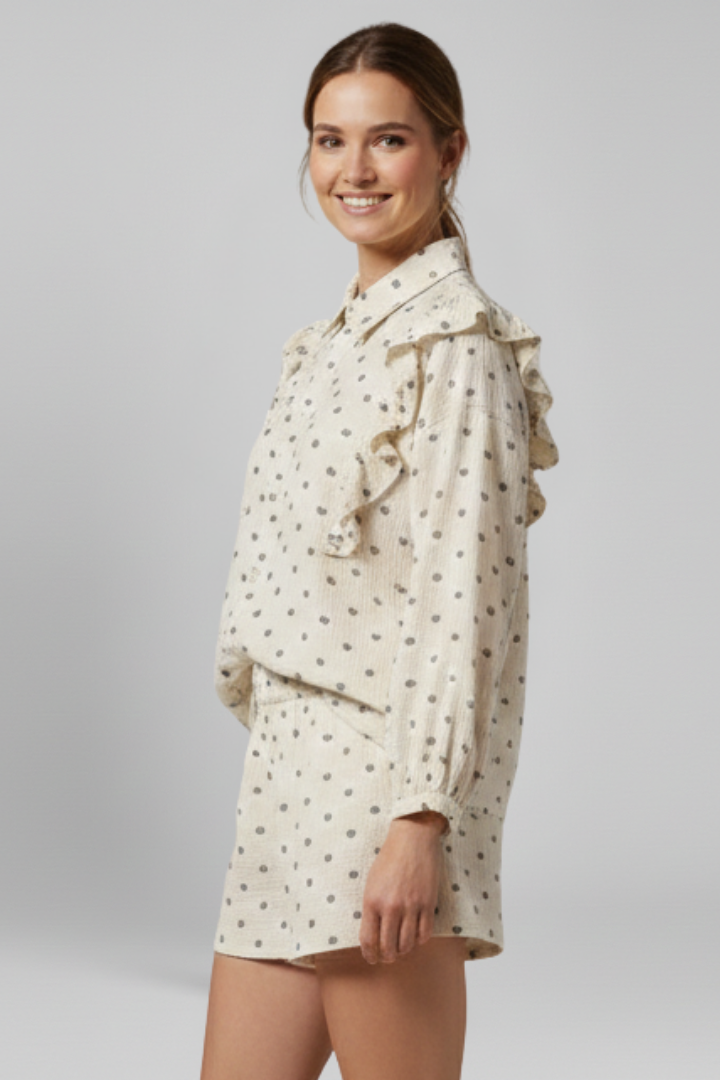 Women’s Two-Piece Set with Button Shirt and Ruffled Shorts