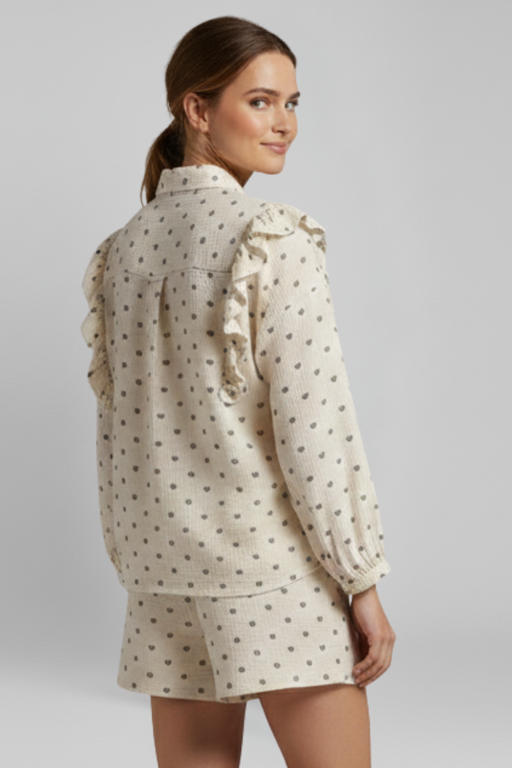 Women’s Two-Piece Set with Button Shirt and Ruffled Shorts