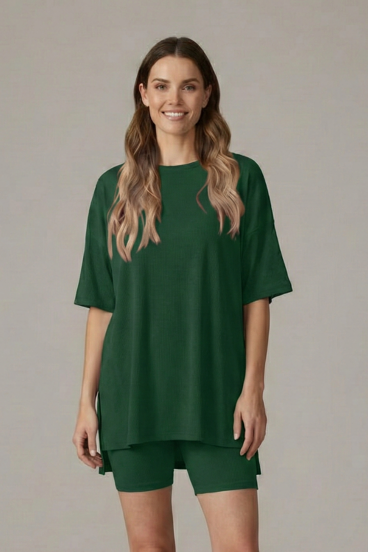 Women’s Two-Piece Set with Crew Neck Top and Loose Shorts