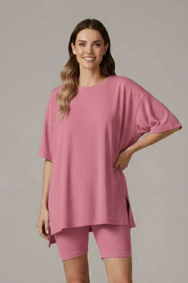 Women’s Two-Piece Set with Crew Neck Top and Loose Shorts