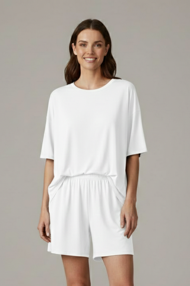 Women’s Two-Piece Set with Crew Neck Top and Loose Shorts