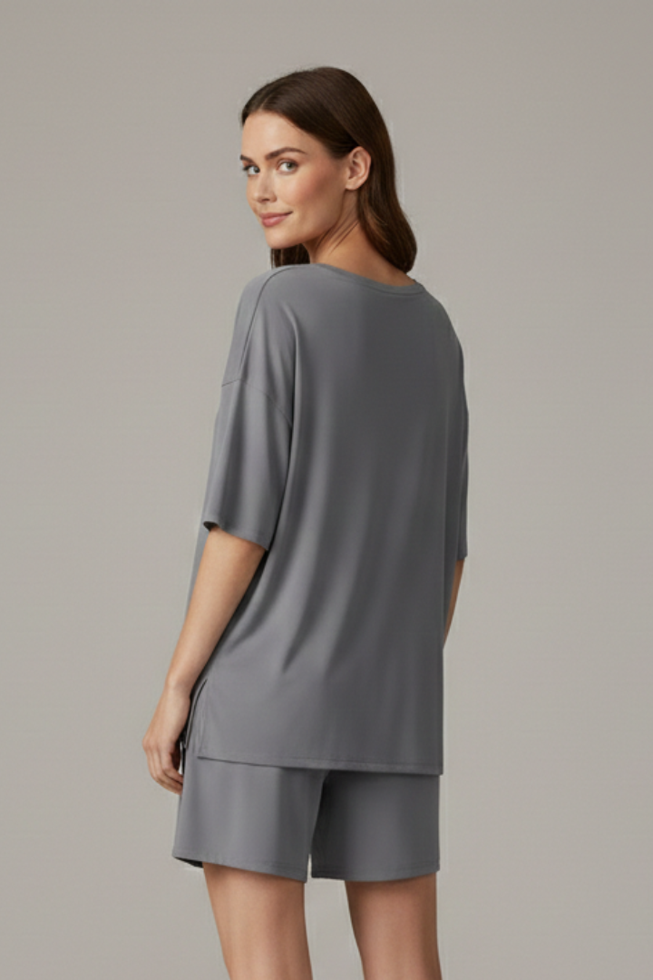 Women’s Two-Piece Set with Crew Neck Top and Loose Shorts