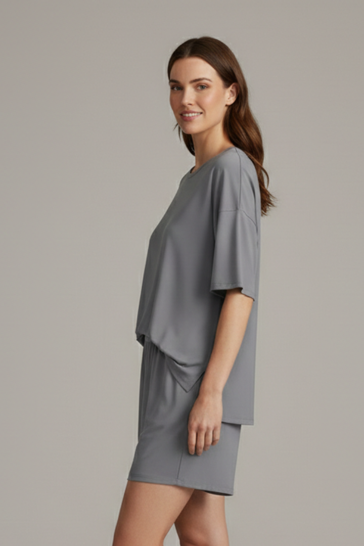 Women’s Two-Piece Set with Crew Neck Top and Loose Shorts