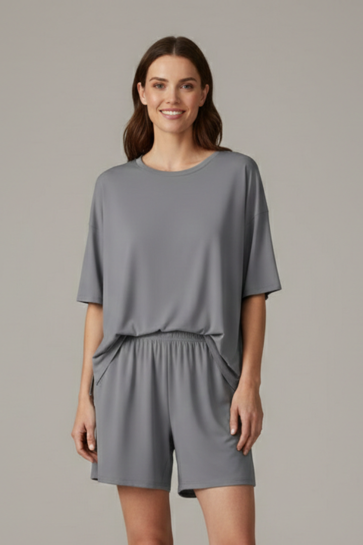 Women’s Two-Piece Set with Crew Neck Top and Loose Shorts