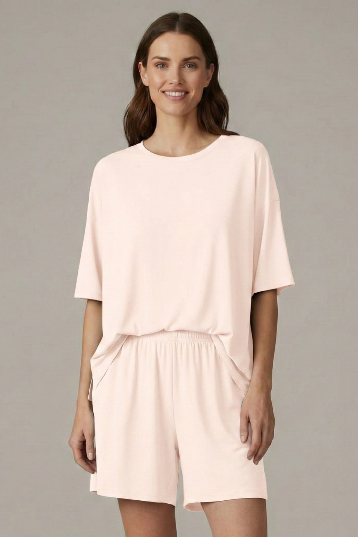 Women’s Two-Piece Set with Crew Neck Top and Loose Shorts