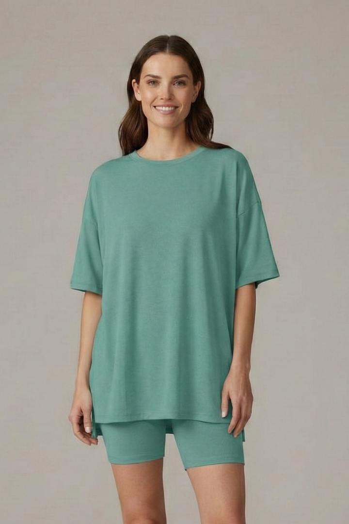 Women’s Two-Piece Set with Crew Neck Top and Loose Shorts