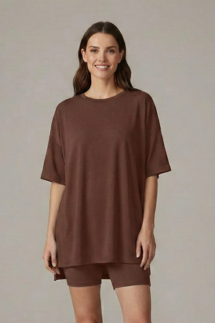 Women’s Two-Piece Set with Crew Neck Top and Loose Shorts