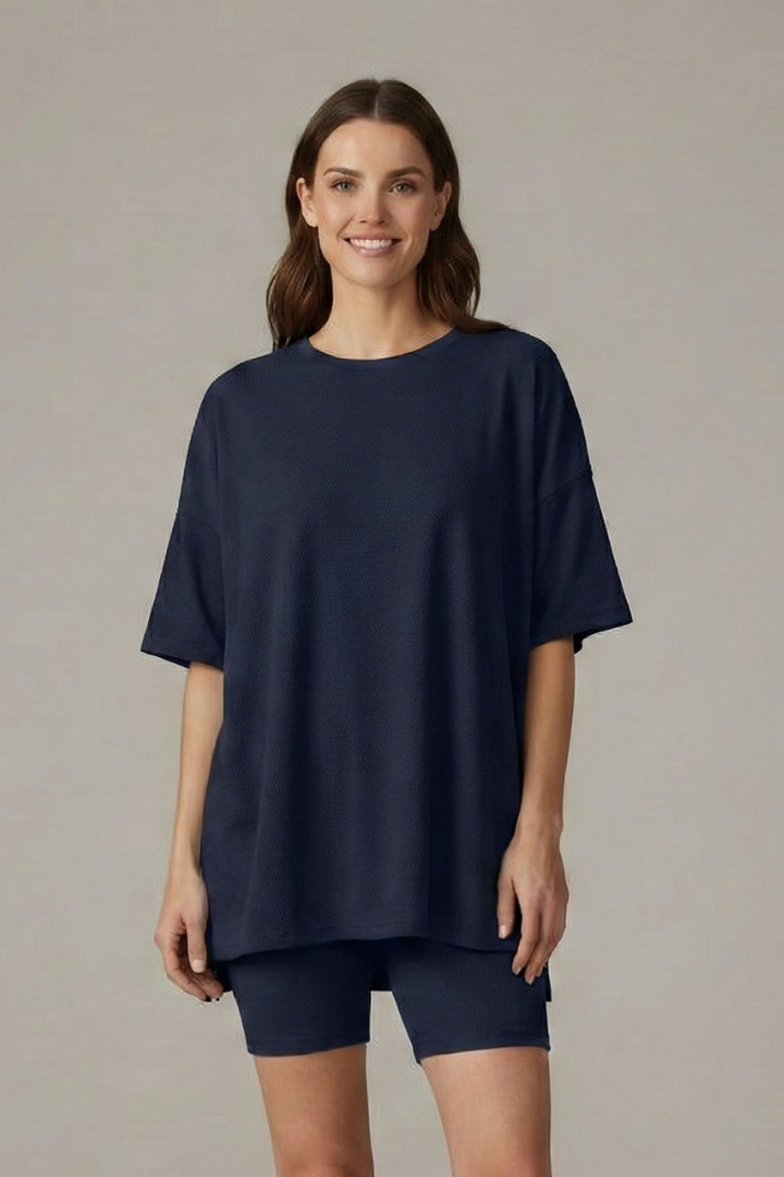 Women’s Two-Piece Set with Crew Neck Top and Loose Shorts