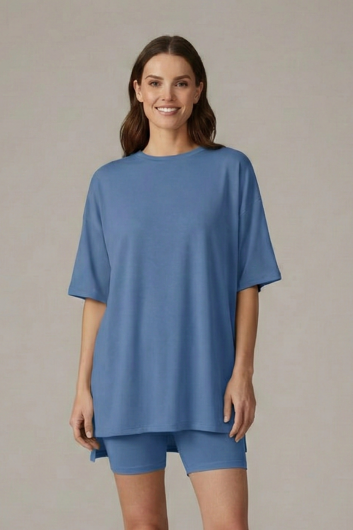 Women’s Two-Piece Set with Crew Neck Top and Loose Shorts