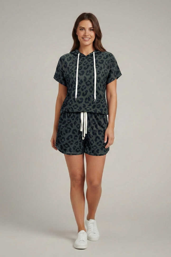 Women’s Two-Piece Set with Hooded Top and Elastic Shorts
