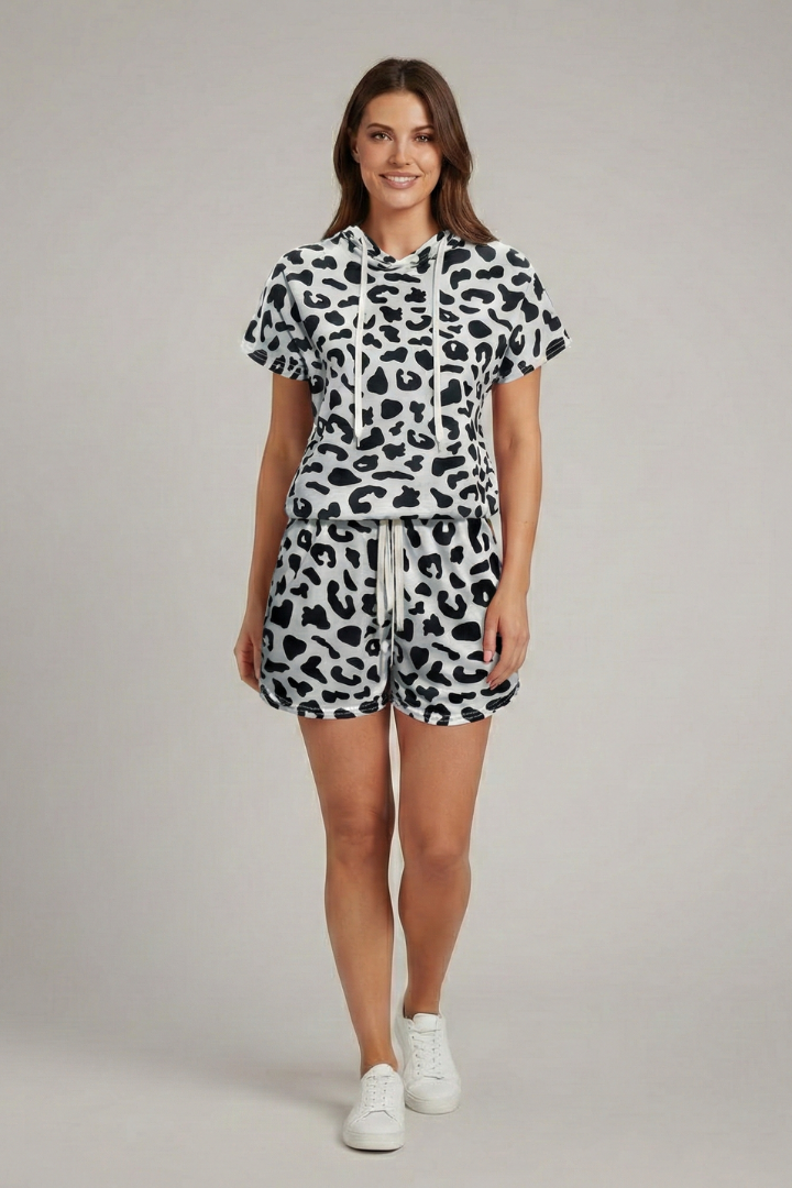 Women’s Two-Piece Set with Hooded Top and Elastic Shorts