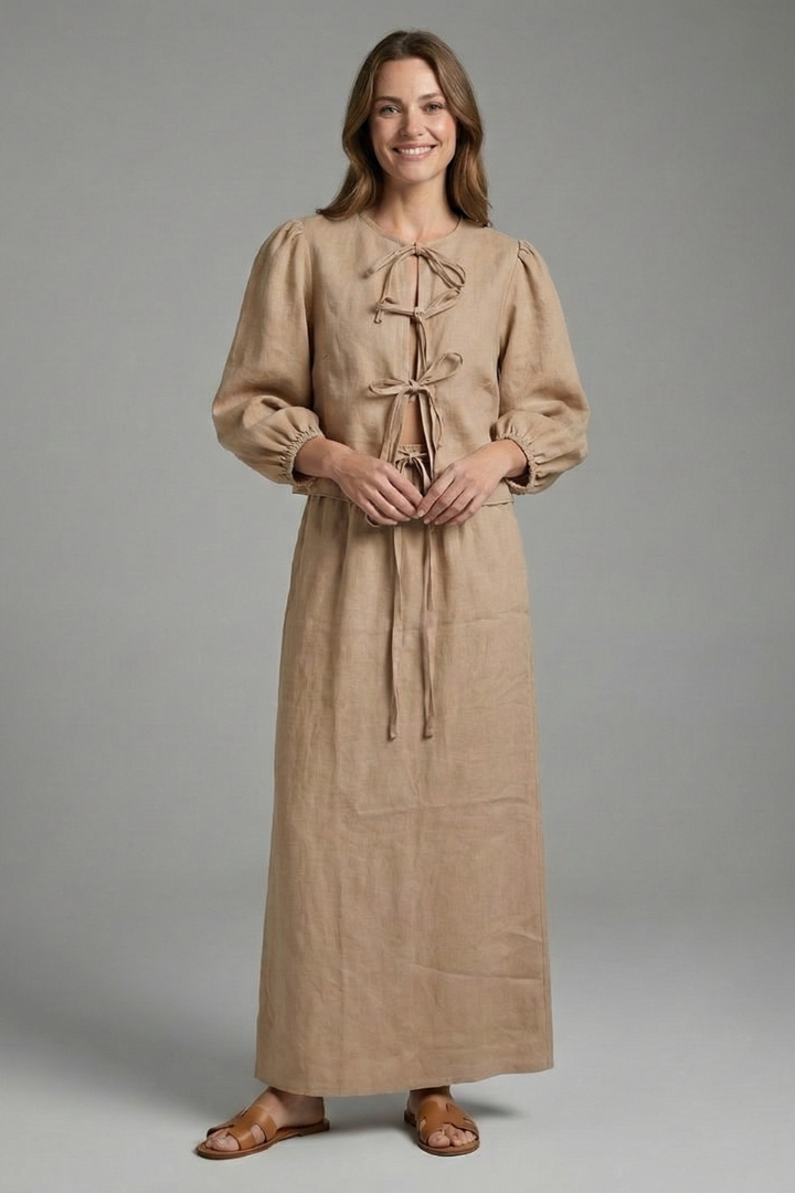 Women’s Two-Piece Set with Lace-Up Top and Elastic Waist Skirt