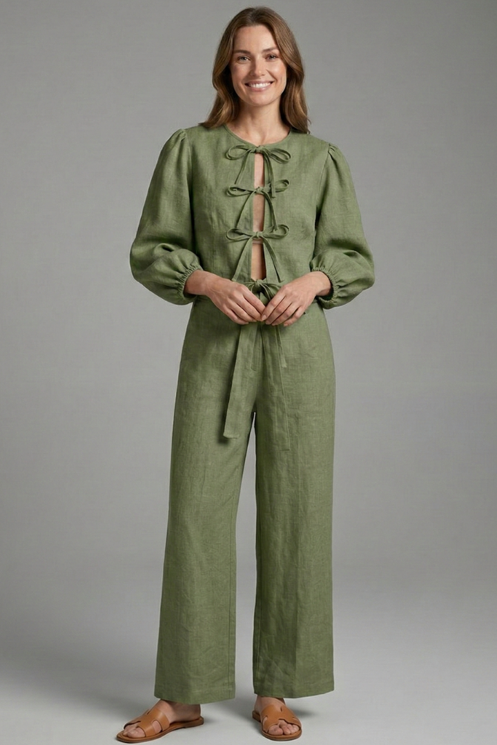 Women’s Two-Piece Set with Lace-Up Top and Elastic Waist Skirt