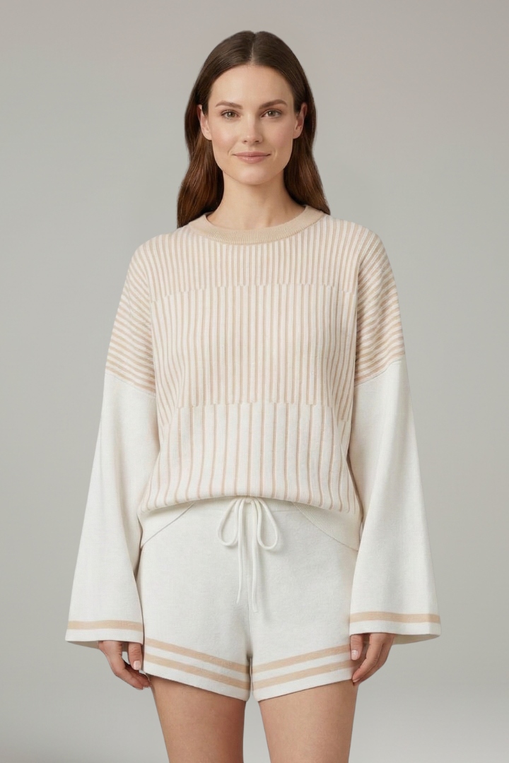 Women’s Two-Piece Set with Long Sleeve Top and Drawstring Shorts