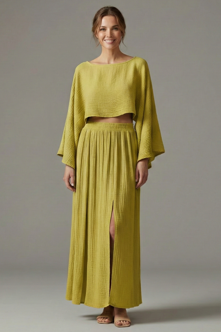 Women’s Two-Piece Set with Long Sleeve Top and Maxi Skirt