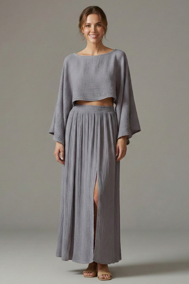 Women’s Two-Piece Set with Long Sleeve Top and Maxi Skirt