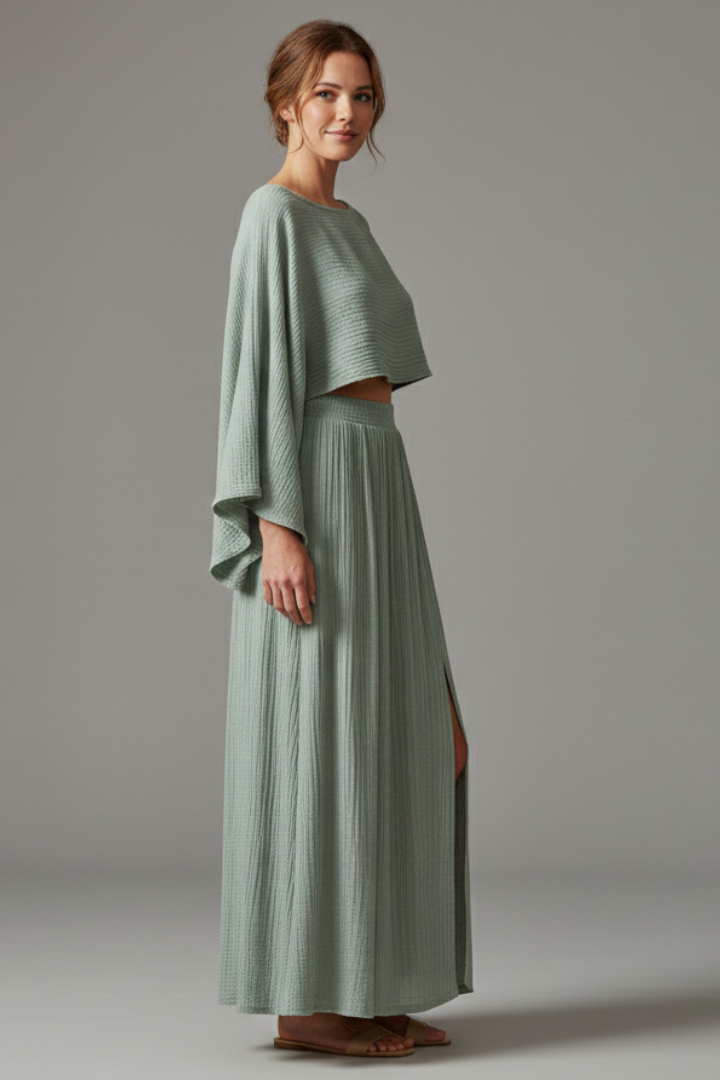 Women’s Two-Piece Set with Long Sleeve Top and Maxi Skirt