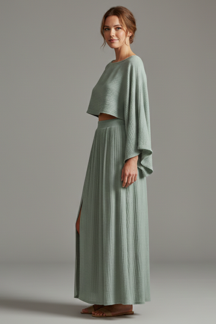 Women’s Two-Piece Set with Long Sleeve Top and Maxi Skirt