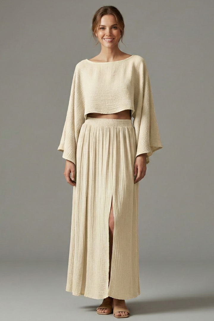 Women’s Two-Piece Set with Long Sleeve Top and Maxi Skirt