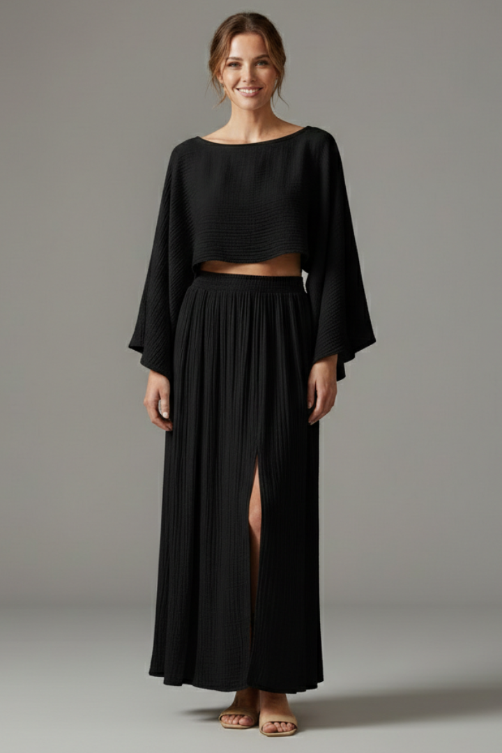 Women’s Two-Piece Set with Long Sleeve Top and Maxi Skirt