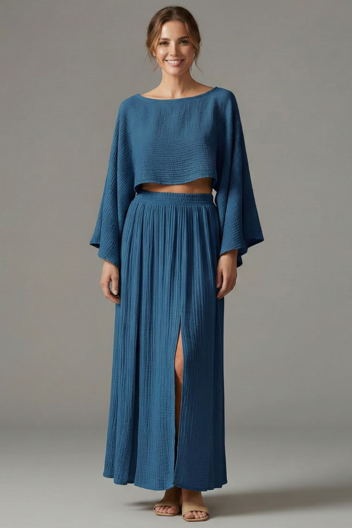 Women’s Two-Piece Set with Long Sleeve Top and Maxi Skirt