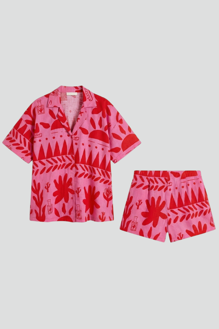 Women’s Two-Piece Set with Printed Shirt and Matching Shorts