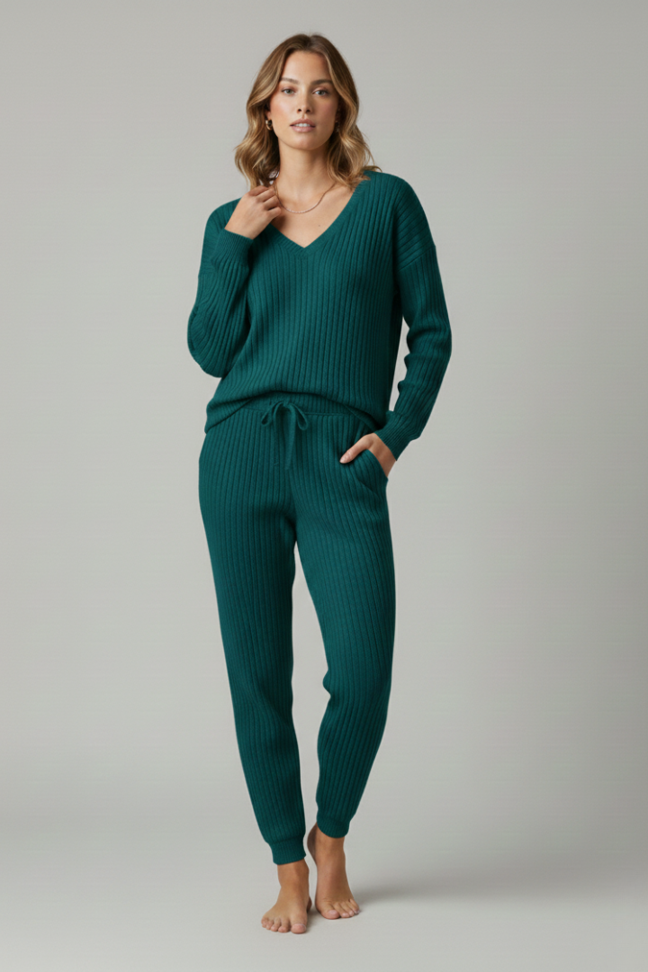 Women’s Two-Piece Set with Ribbed Top and Drawstring Trousers