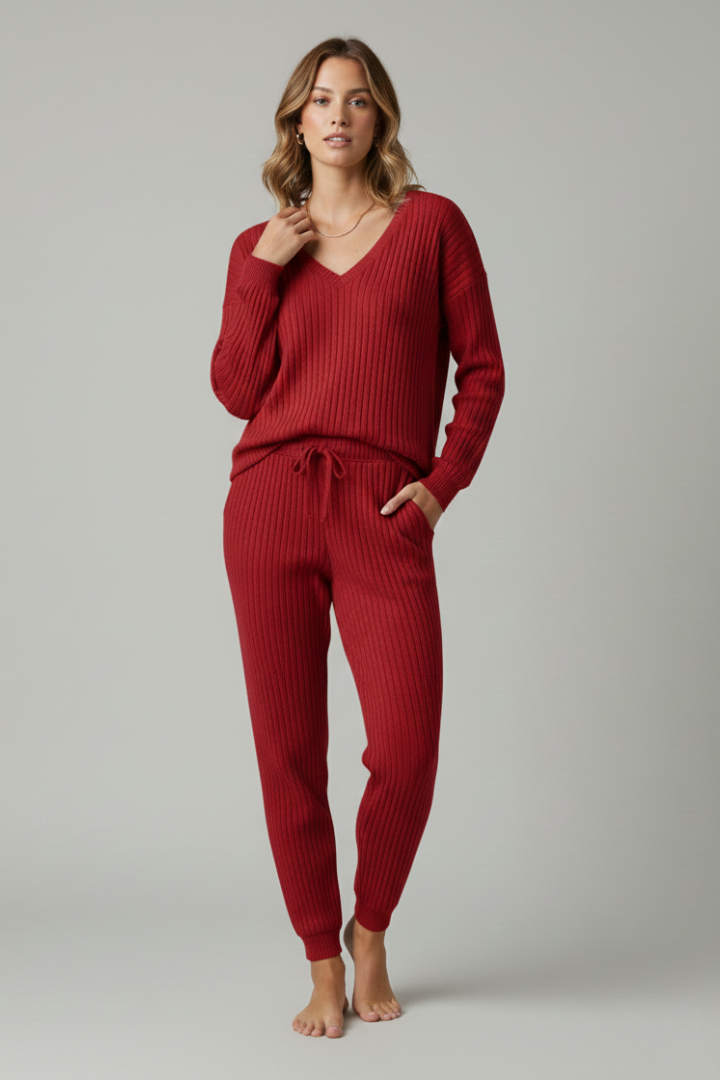 Women’s Two-Piece Set with Ribbed Top and Drawstring Trousers