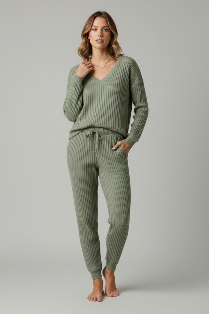 Women’s Two-Piece Set with Ribbed Top and Drawstring Trousers