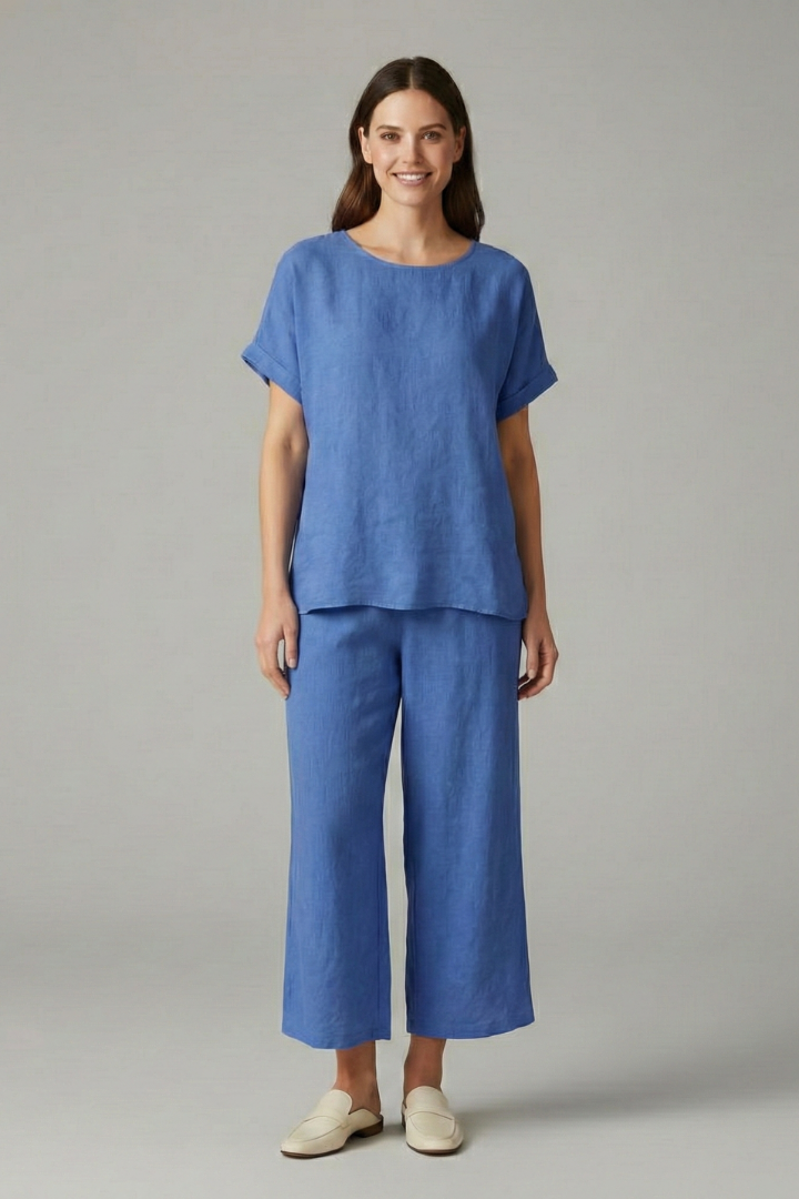 Women’s Two-Piece Set with Round Neck Top and Wide Trousers