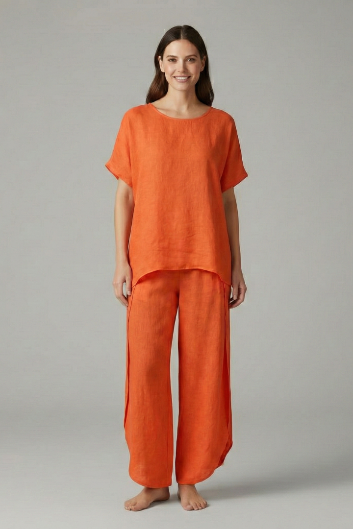 Women’s Two-Piece Set with Round Neck Top and Wide Trousers